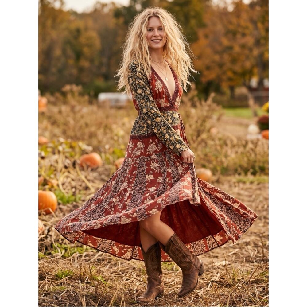 Free People Tilda Maxi Wrap Dress Neutral Western Bohemian Witchy XS NWT
